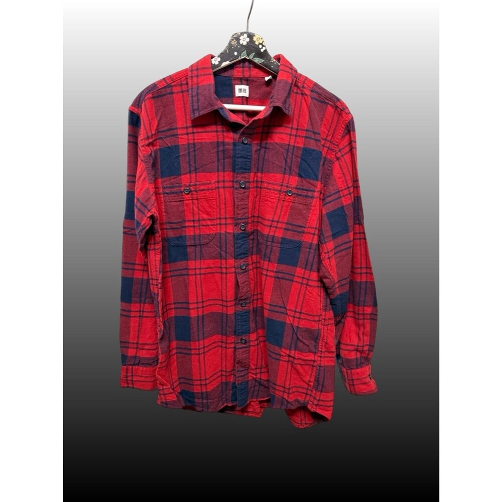 Uniqlo Flannel Shirt Men's XL Red Navy Plaid Cotton Cabincore Lumberjack Casual